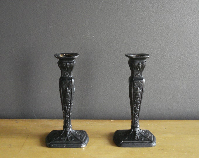 Vintage Black Metal Candle Holders Embossed Figures and Scenes Ornate