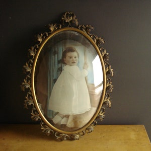 Huge Oval Frame with Convex Glass - Large Vintage Ornate Brass Oval Frame with Curved Glass - Victorian Baby Photograph with Bubble Glass