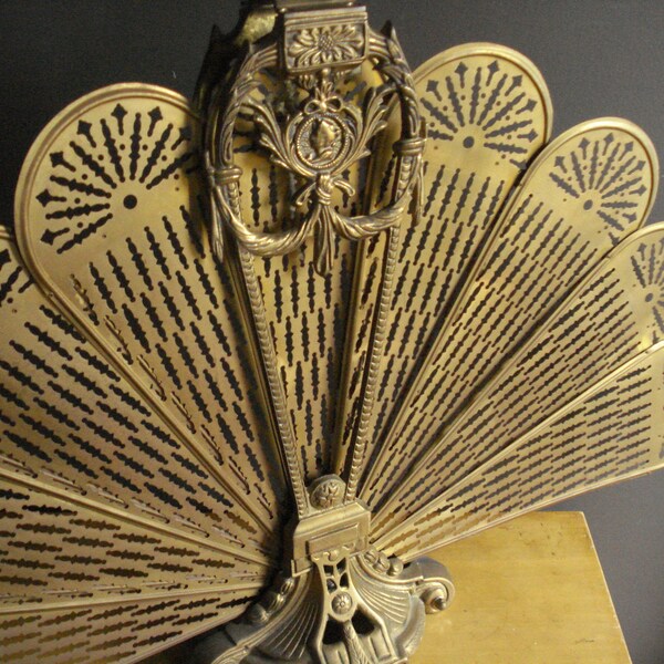 Vintage Brass Fireplace Screen or Fan - Brass Collapsible Folding Metal Screen - Peacock Shape with Silhouette and Leaf Garland Tassel Motif