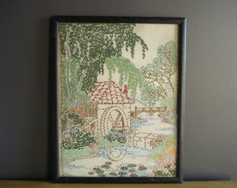 Old Mill - Gorgeous Large Landscape and Floral Needlepoint - Crewel Artwork - Flower Water Mill Art