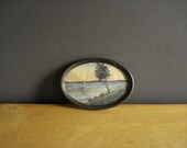 Vintage Mini Landscape Sailboat Painting - 1920s - Small Original Oil Painting - Small Oval Framed Watercolor Painting - A. Lowery