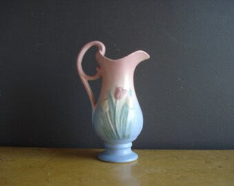 Vintage Blue and Pink Tulips Hull Pottery Vase or Pitcher - 8 3/4" Tulip Flower Bas Relief Pottery Vase with Handle