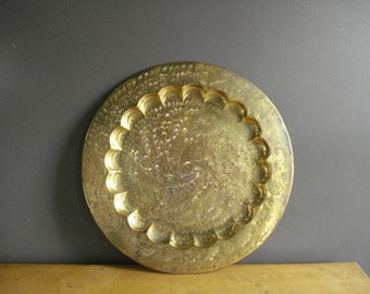 Extra Large Round Brass Serving Tray - Vintage Plant or Drink Tray - Etched Hanging Brass Serving Tray