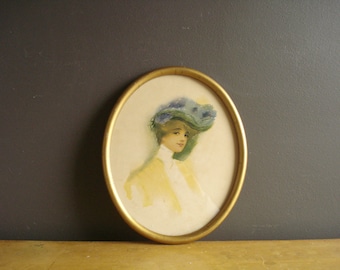 Pretty Oval Frame - Vintage Gold Oval Picture Frame - Woman in Hat Illustration