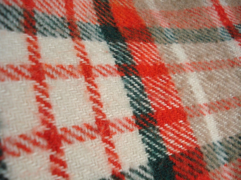 Neutral Colors with Pop White Green Tan Picnic Blanket Orange Vintage Plaid Blanket
