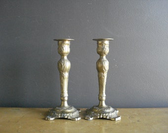 Old Brass Candle Stick Pair - Set of Two Vintage Brass Candle Holders with Ornate Floral Design - Very Heavy Brass Candlesticks