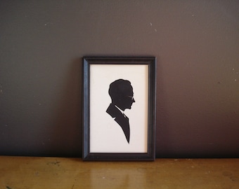 Small Framed Silhouette - Small Vintage Right Facing Silhouette of Older Man with Glasses - Black Frame NO GLASS Papercut Portrait