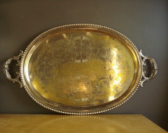 Vintage Silver Tray - Huge Oval Silverplate Platter, Serving Piece, Handles, Rim - Extra Large Butler's 35" Silver Plate Drink, Bar Tray