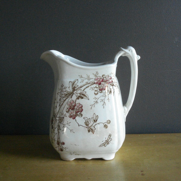 Strawberries and Butterflies - Large Vintage Transferware Ironstone Pitcher - Vintage Brown, Pink, White Fenton England Edwards Bros. 1800s