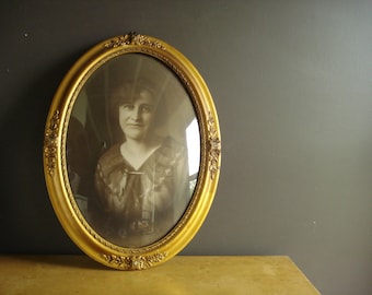 Huge Oval Frame with Convex Glass - Large Vintage Ornate Gold Oval Frame Curved Glass - Very Old Portrait of Woman - Picture in Bubble Glass