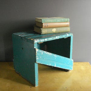Vintage Wooden Stepstool, Plant Stand - Small Chippy Teal Green Rectangle Wood Bench -Child&#39;s Stool Footstool Handmade Shabby Chic Primitive