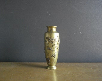 Gorgeous Mini Brass Vase - Small Worn Vintage Brass Vase - Miniature Brass Vase with Bas Relief Flowers - Made in Japan - 1950s