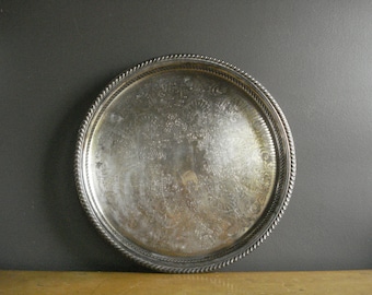 Vintage Silver Tray - Large Round Silverplate Serving Tray with Rim - Rimmed Silverplate Drink Tray or Jewelry Tray - Wm. Rogers