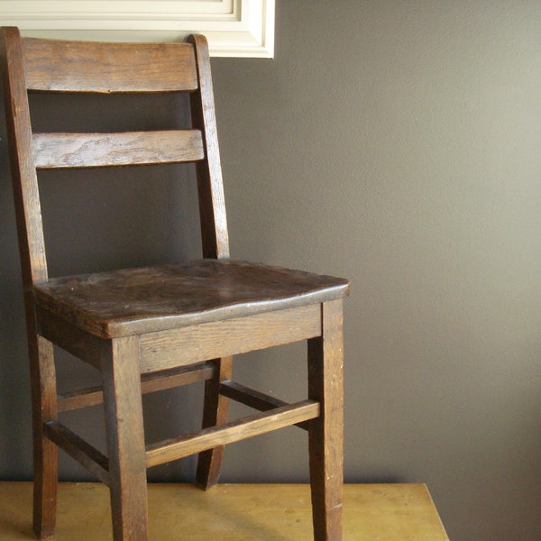 Antique Simple Style Wooden Child's School Chair - Vintage Wood Children's Chair - Small Solid Wood Chair - Oak with Dark Stain