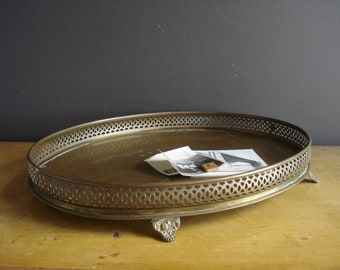 Ornate Brass Tray - Pretty Oval Tray with Lace Punched Rim - Hollywood Regency - Large Rimmed Brass Serving or Drink Tray with Feet