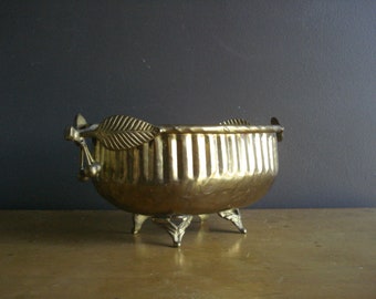 Large Brass Pot - Large Brass Planter or Bowl - Brass Cherry Fruit Bowl - Hammered Brass with Feet- Footed Planter - Fruit Handles