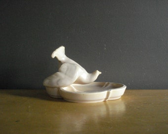 Pottery Bird Dish - Vintage Shallow Flower Bowl - Small Ceramic Ring Bowl or Trinket Dish - Ring Bowl with Bird Perched on Rim