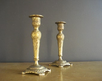 Old Brass Candle Stick Pair - Set of Two Vintage Brass Candle Holders with Ornate Floral Design - Very Heavy Brass Candlesticks