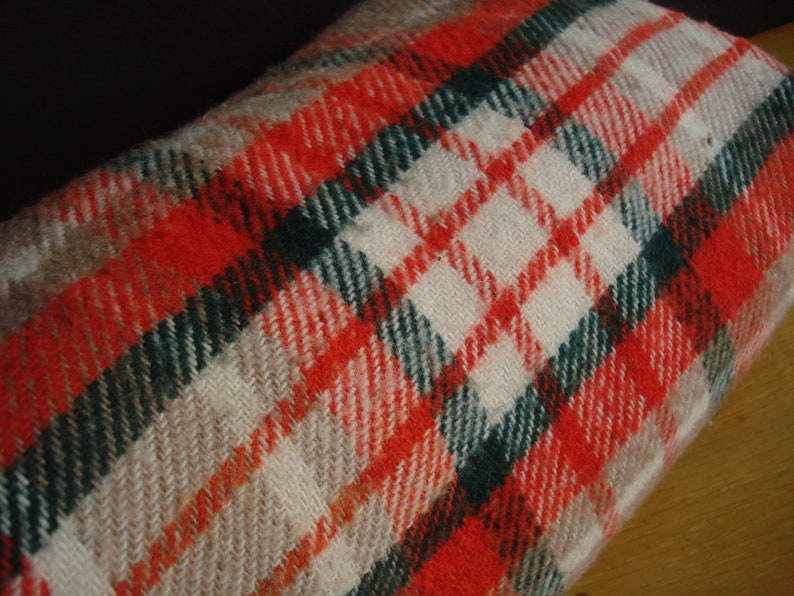 Neutral Colors with Pop White Green Tan Picnic Blanket Orange Vintage Plaid Blanket