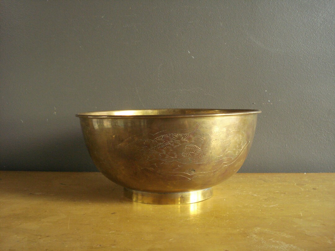Etched Brass Pedestal Bowl Vintage Brass Pedestal Dish Large