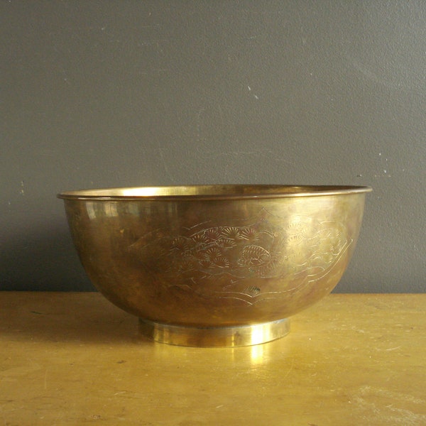 Gorgeous Etched Brass Pedestal Bowl - Vintage Brass Pedestal Dish - Large Brass Bowl on Pedestal Base