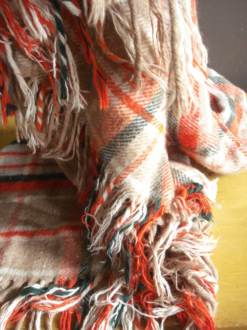 Neutral Colors with Pop White Green Tan Picnic Blanket Orange Vintage Plaid Blanket