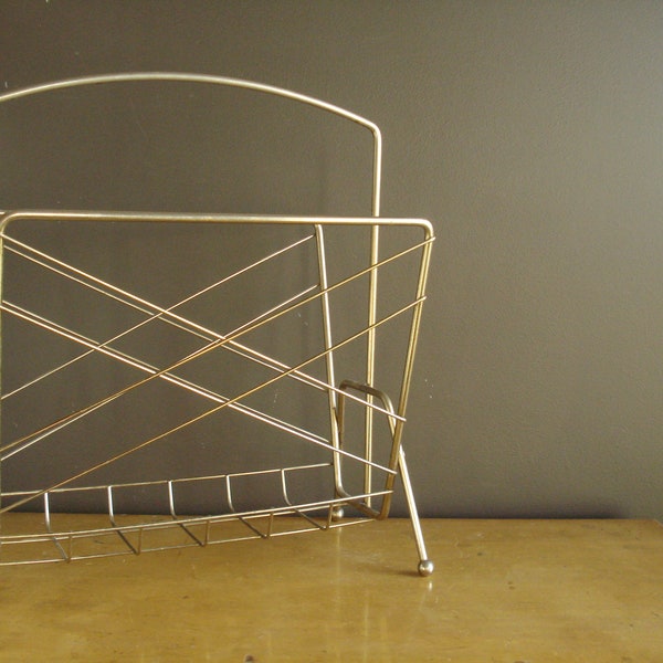 Large Vintage Magazine Rack - Metal Geometric Pattern with Silver Finish - Standing Magazine Rack