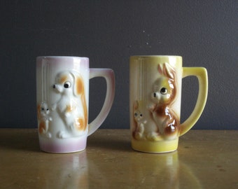 Bunny and Puppy Mug Pair - Vintage Child's Mug, Coffee Cup - Pink and Yellow Made in Japan Narrow Handled Cups - Dog, Rabbit Children's Mugs