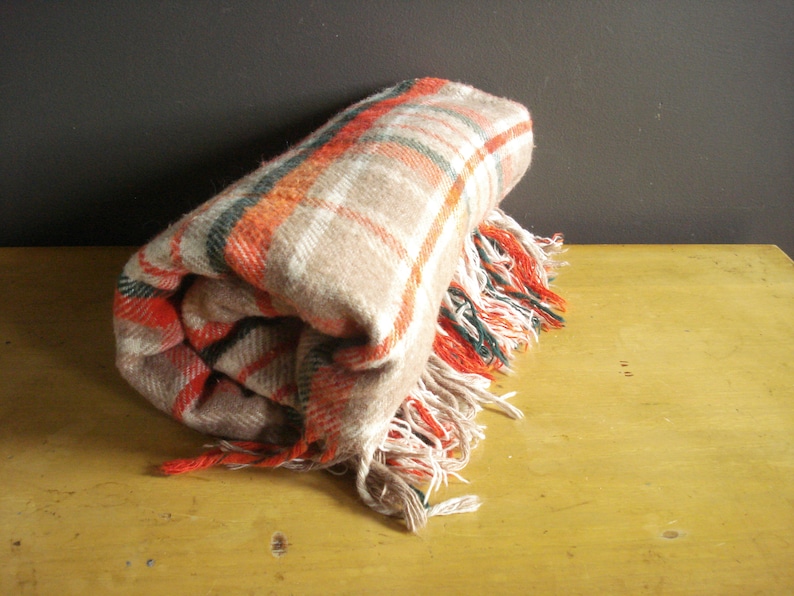 Neutral Colors with Pop White Green Tan Picnic Blanket Orange Vintage Plaid Blanket