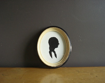 Small Framed Silhouette - Small Vintage Right Facing Silhouette of Older Man with Glasses - Black Oval Frame Papercut Portrait