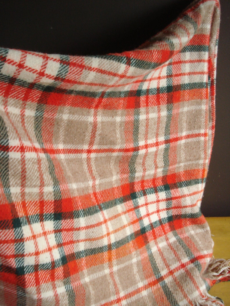 Neutral Colors with Pop White Green Tan Picnic Blanket Orange Vintage Plaid Blanket
