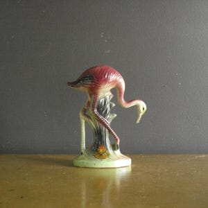 Vintage Flamingo Bird Souvenir Statue - Pink, Green, Black Vintage Animal Pottery - Animal Figurine - Souvenir of Waterton Lakes Canada