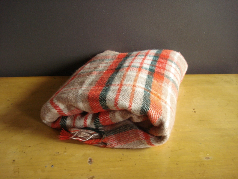 Neutral Colors with Pop White Green Tan Picnic Blanket Orange Vintage Plaid Blanket