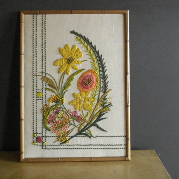 Don't Be Crewel - Vintage Embroidered Flower Wall Hanging - Yellow, Green, Orange, Floral Yarn Art in Bamboo Style Frame