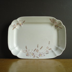 Vintage White Ironstone Platter with Lavender and Yellow Flowers - White Rectangle Dresden Serving Platter - White Floral Transferware