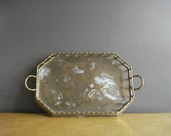 Vintage Brass Tray - Large Bambo Serving Tray or Plant Tray - Eight Sided Octagon Tray with Handles