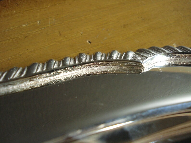 May include: Close-up of a silver-colored tray with a decorative, ridged edge. The tray's surface reflects light, and the edge has a detailed, textured design. The background is a light brown wooden surface.