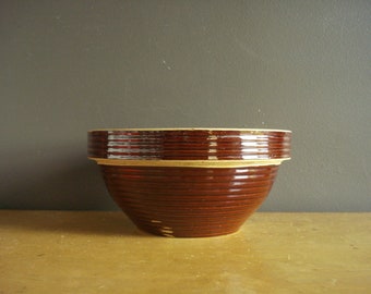 Vintage Brown Ridged Stoneware Bowl - Antique Bowl Mixing Bowl - Mapleleaf M or W Logo - Maple Leaf