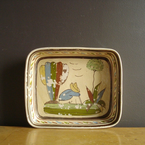 Unique Rectangle Dish - Handpainted Green, Red, Brown, and Blue Illustrated Bowl - Tlaquepaque Style Vintage Clay Bowl - Mid Century Mexican