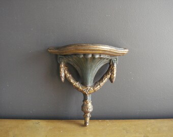 Gold Wall Shelf - Vintage Plaster or Chalkware Display Shelf - Antique Plate Display Shelf - Gold and Green Half Shelf