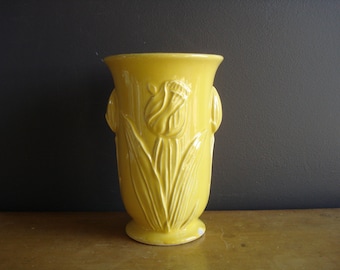 Vintage Yellow Pottery Vase or Urn - McCoy USA Bright Yellow Tulip Bas Relief Vase or Urn with Handles