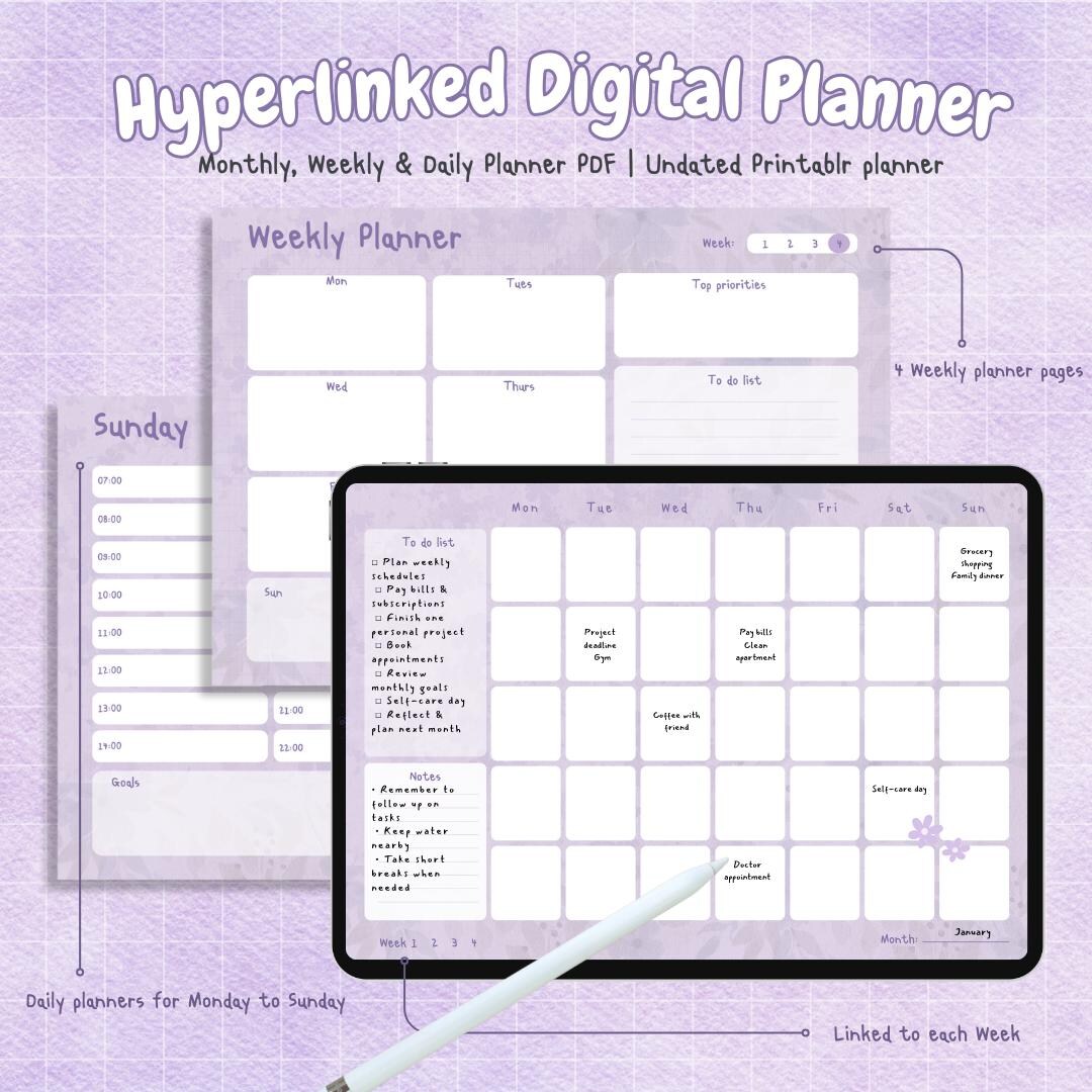 Purple Minimalist Digital Planner | Undated, Hyperlinked (PDF Download ...