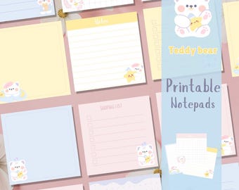 Bedrukbare notitieblokken met teddybeer | Kawaii-briefpapier (digitale download)