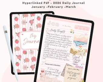 2026 Hyperlinked Digital Journal | January February March | Pastel Planner | Daily Mood Tracker | GoodNotes Journal