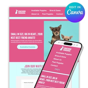 Dog breeder website, Canva Website Template, Canva Website, Services website, bright colorful brand
