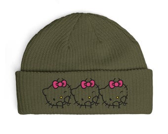 Gorro de punto con cara de Hello Kitty bordada y lazo