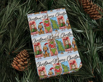 May include: Christmas-themed wrapping paper featuring cartoon characters and the text "Christmas Merry Christmas." The paper is tied with twine and set against a backdrop of pine needles and pine cones.