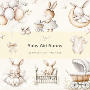 Baby Girl Bunny Clipart, Bunny Baby Shower Clipart, Nursery Bunny Clipart, Neutral Baby Shower Clipart, Baby Girl Shower Clipart, Bunny PNG