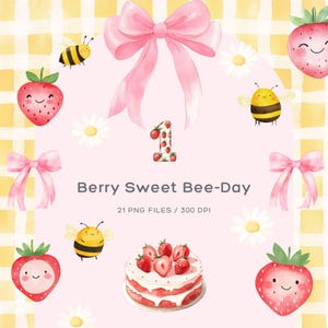 Beere Erster Geburtstag Clipart, Erdbeersammlung Kokette, Beere Süße Babyparty, Honigbiene-Babyparty, Erdbeere PNG, Gingham Nahtlos