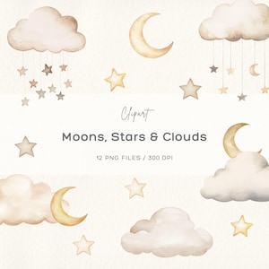 Clipart di lune, stelle e nuvole, Clipart di bambini neutri, Clipart di stelle e luna, Clipart di nuvole neutre, Clipart di cielo notturno, Clipart di luna crescente